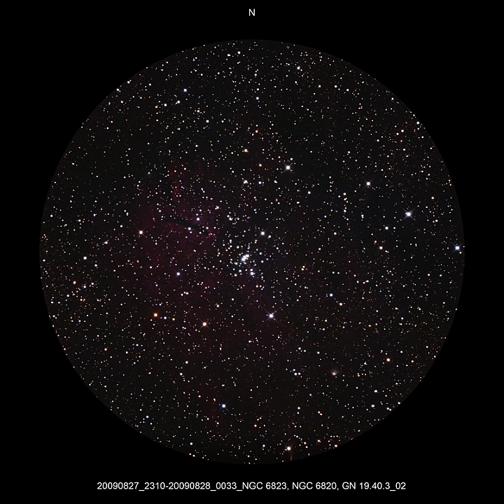 20090827_2310-20090828_0033_NGC 6823, NGC 6820, GN 19.40.3_02.JPG -  Vul Newton d 309,5 / af 1623 & Coma Corrector CANON-EOS5D (AFC-Filter) 800 ASA no add. filter 5 light-frames 360s, 3 light-frames 240s, auto dark, 5 flat, 10 bias DSLR-Timer, Guidemaster, DSS, Canon-RAW-Image, Adobe-PS-CS thin upper fog  